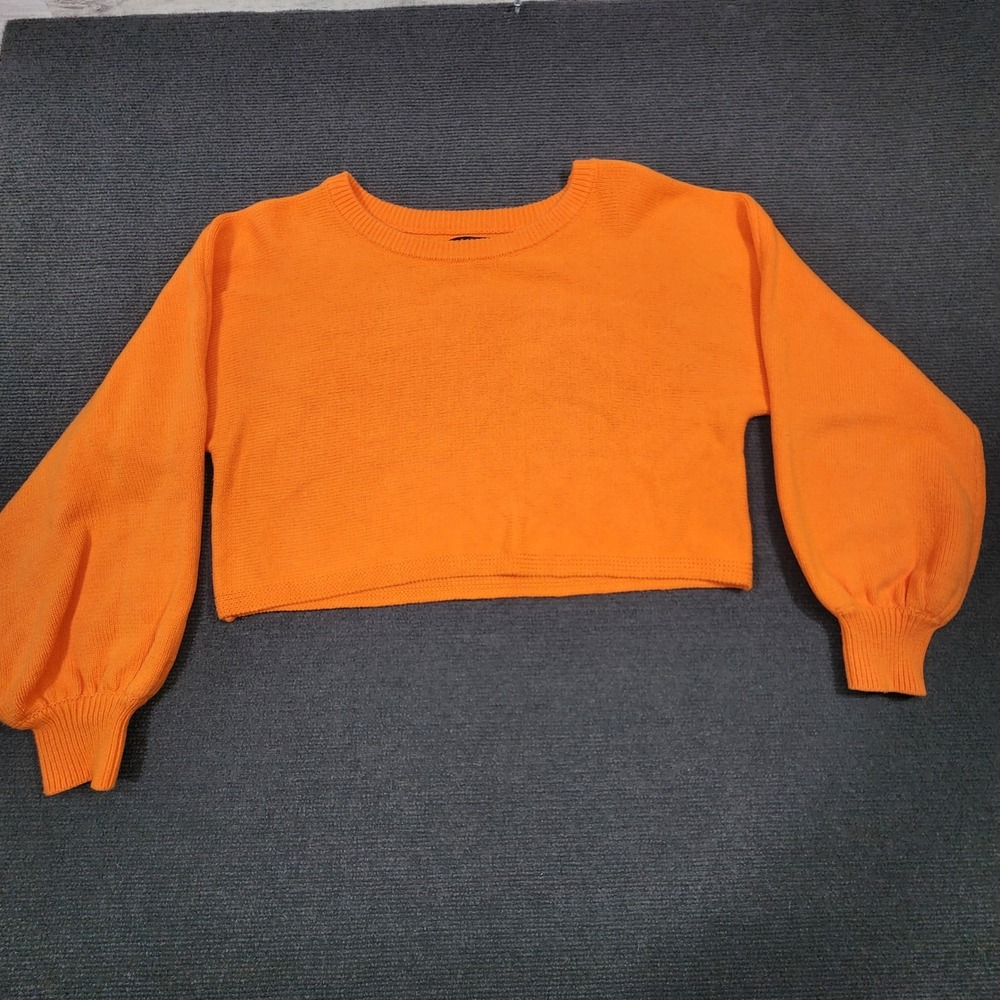 Kendall & Kylie Sweater Womens Small Orange Cropped Balloon Sleeve Knit Pullover